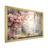 Pink Blossoming country window Gaze  I - Floral Canvas Wall Art