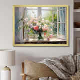 Delicate vintage flower french windows view IV - Floral Canvas Wall Art