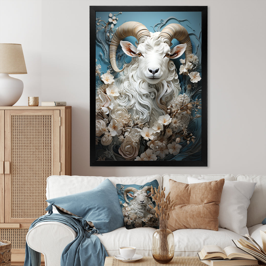 White and blue vintage goat floral portrait - Goat Living Room Wall Art