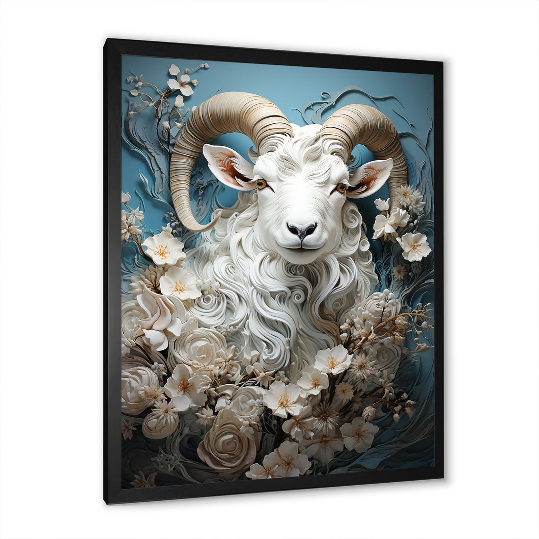 White and blue vintage goat floral portrait - Goat Living Room Wall Art