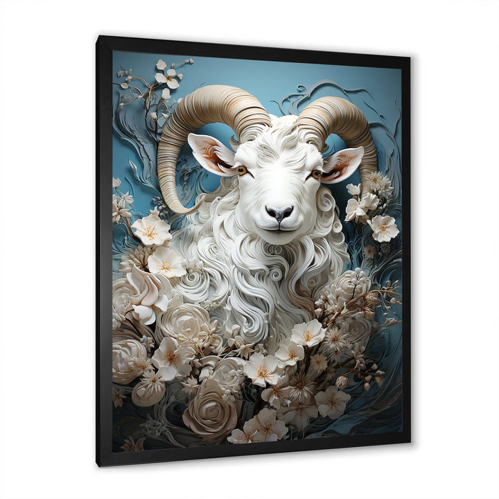 White and blue vintage goat floral portrait - Goat Living Room Wall Art