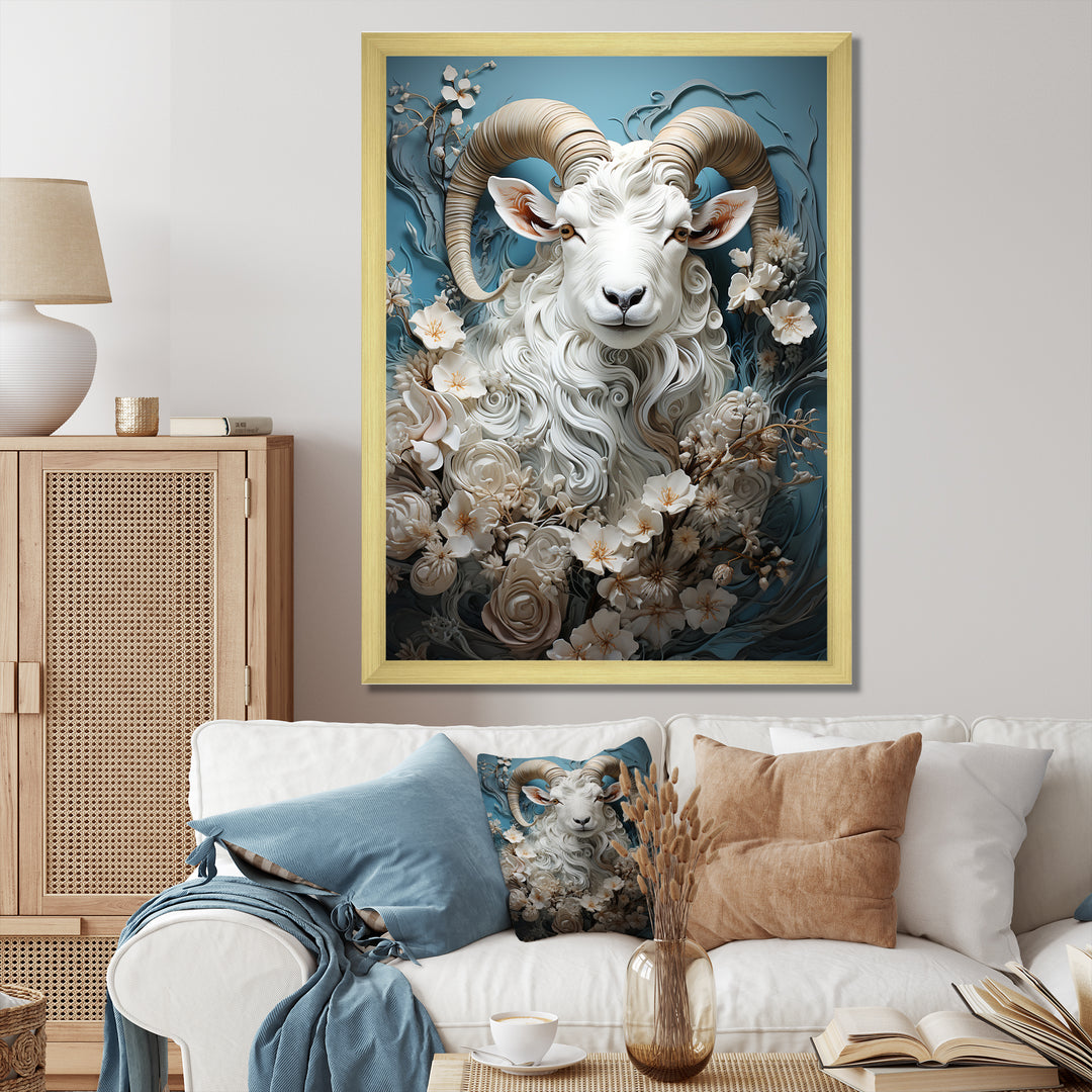 White and blue vintage goat floral portrait - Goat Living Room Wall Art