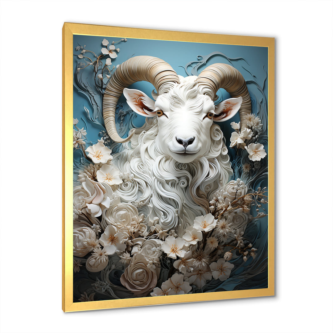 White and blue vintage goat floral portrait - Goat Living Room Wall Art