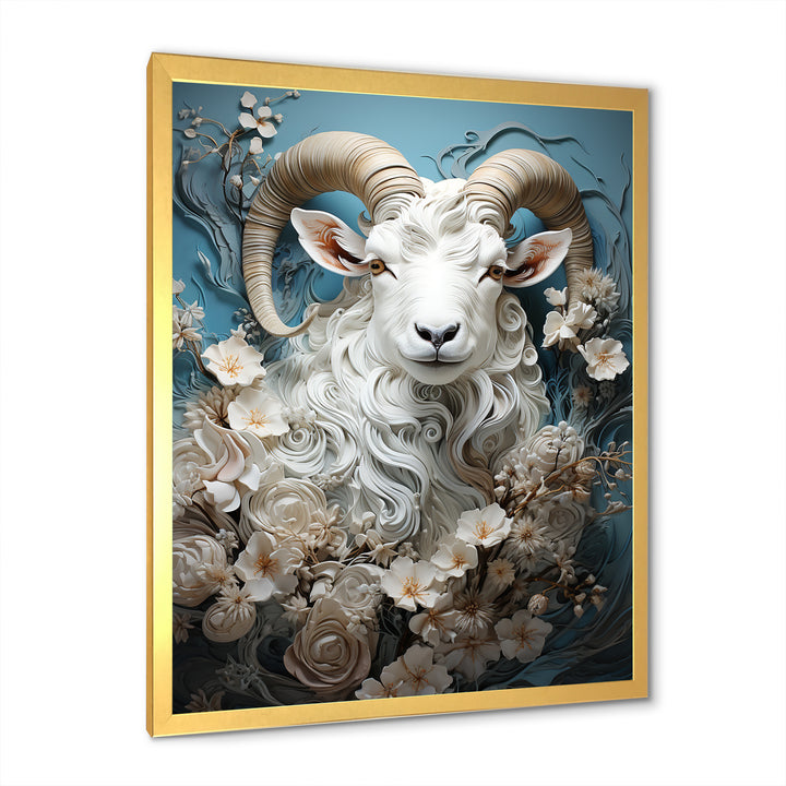 White and blue vintage goat floral portrait - Goat Living Room Wall Art