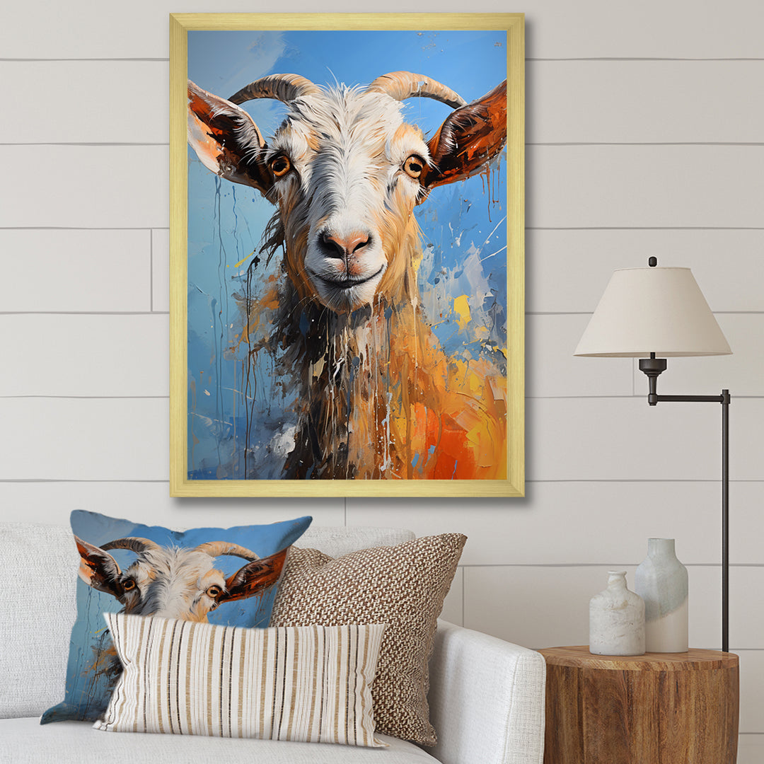 White and blue pop art goat portrait - Goat Bedroom Wall Art