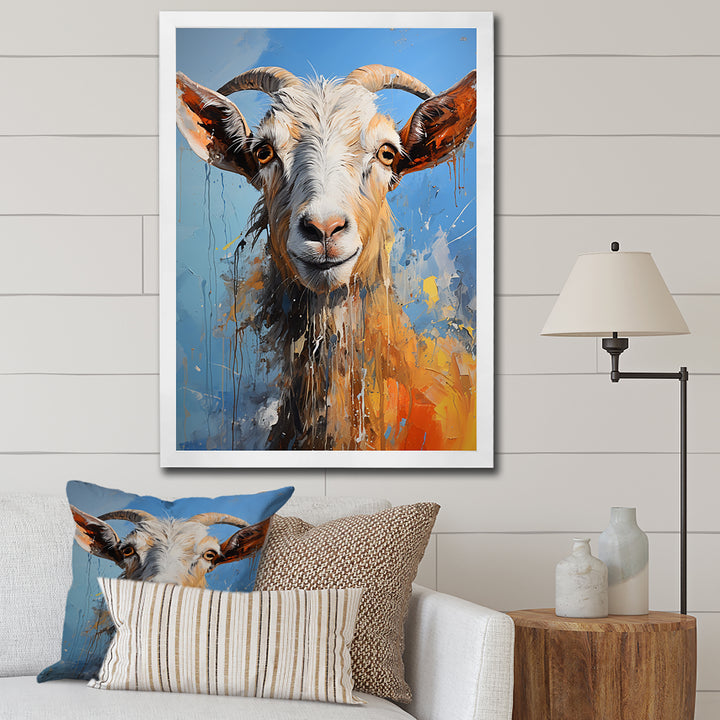 White and blue pop art goat portrait - Goat Bedroom Wall Art