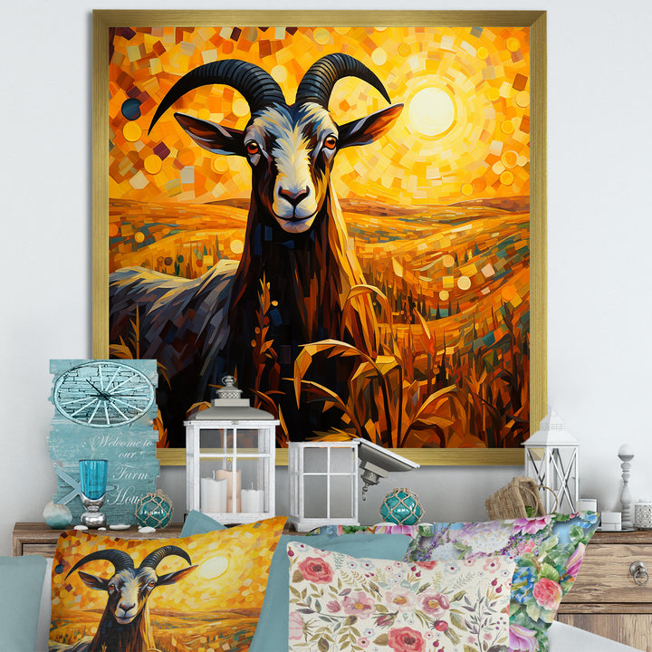 Yellow Sunset meadow goat - Goat Canvas Wall Art