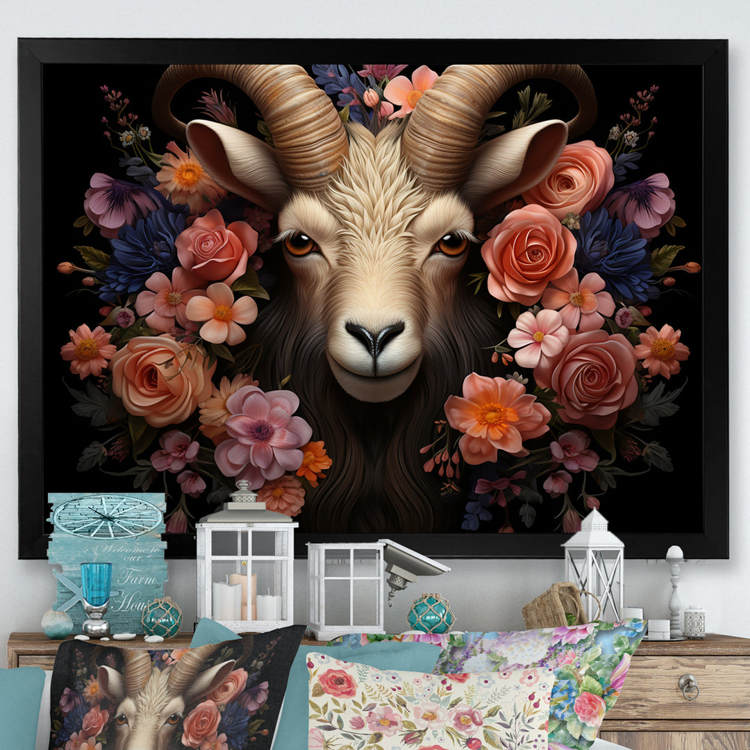 Pink and purple floral goat portrait - Goat Wall Decor