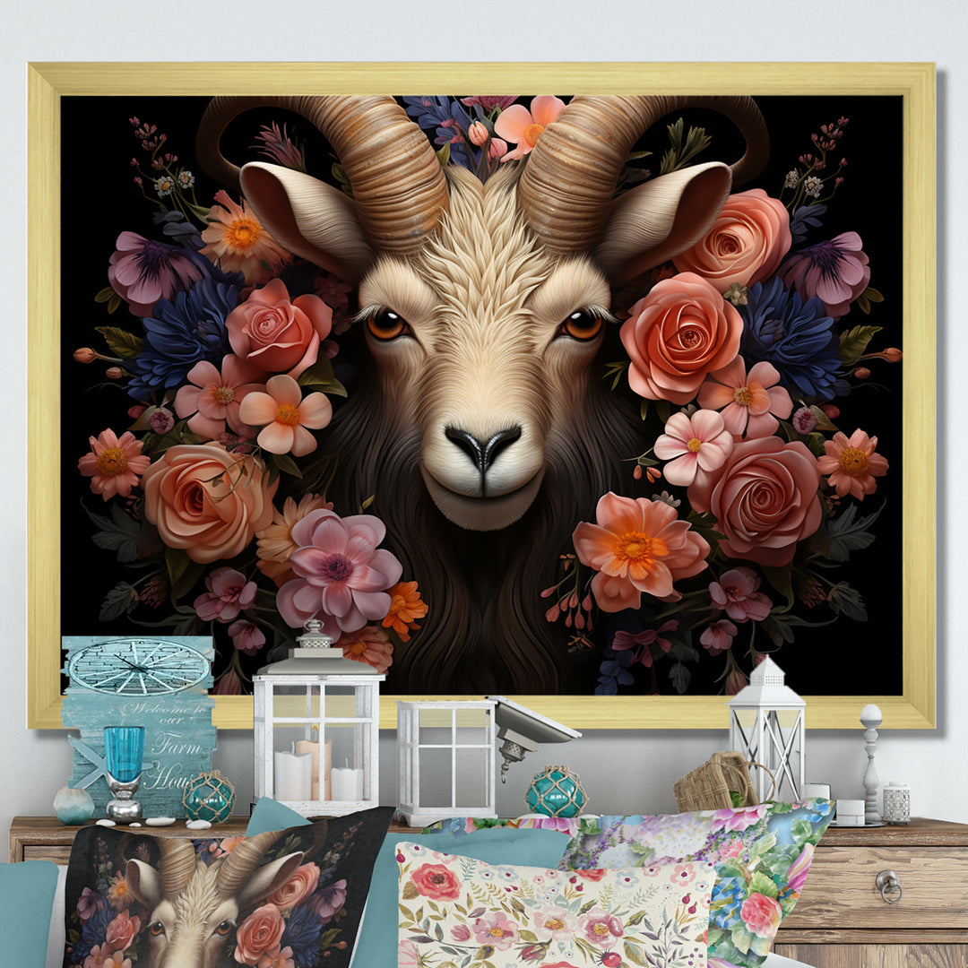 Pink and purple floral goat portrait - Goat Wall Decor