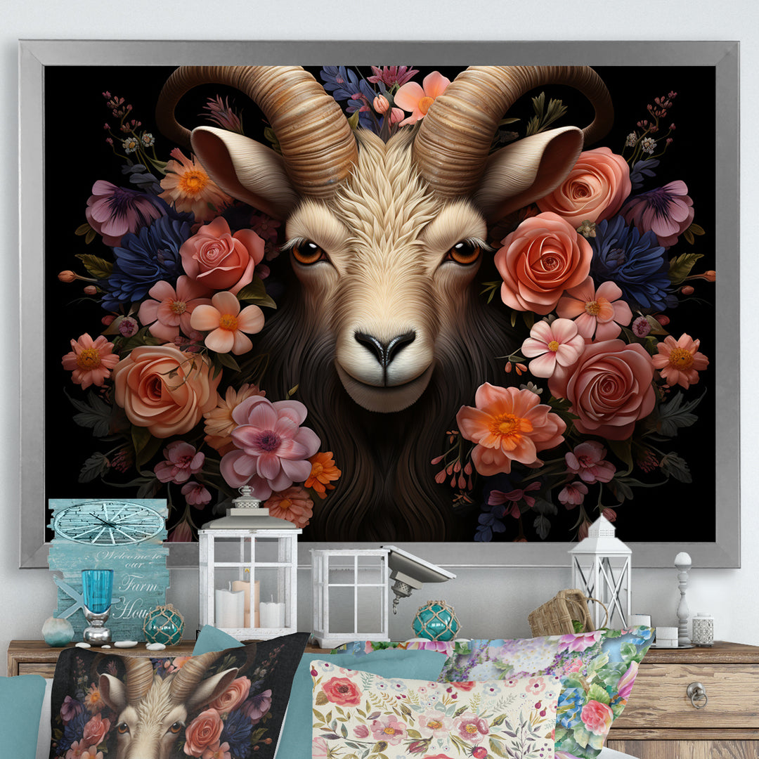 Pink and purple floral goat portrait - Goat Wall Decor