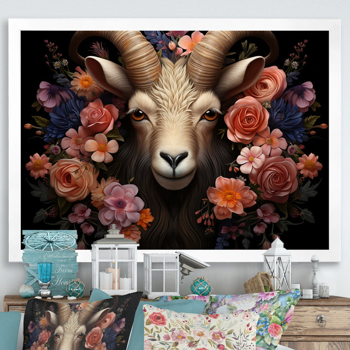 Pink and purple floral goat portrait - Goat Wall Decor