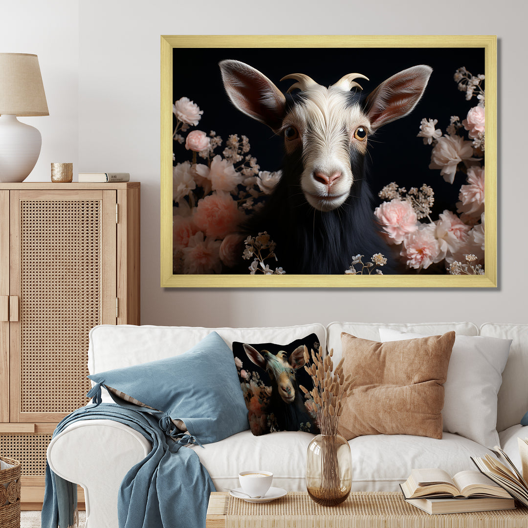 White and pink floral goat portrait - Goat Wall Art Prints