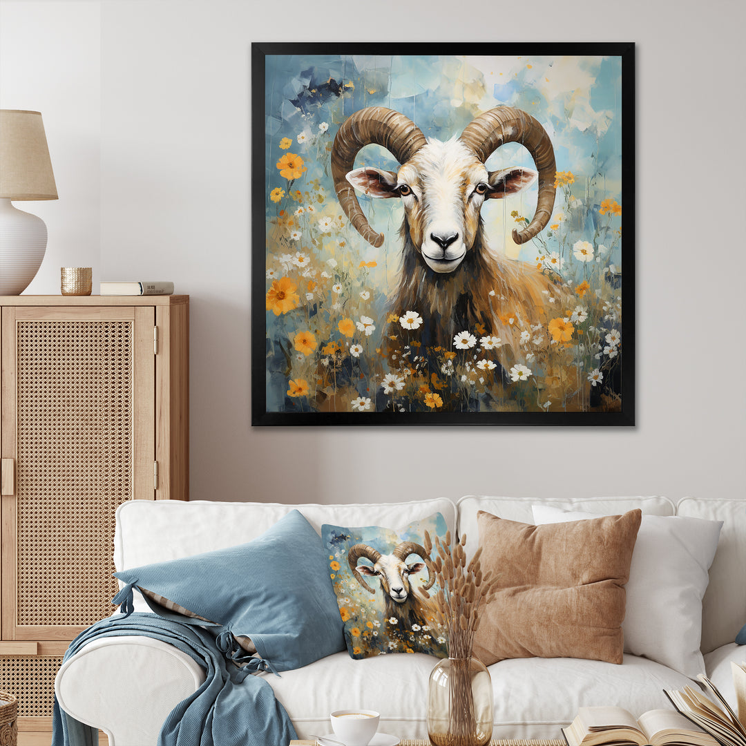 Yellow goat blooms in meadow flowers - Goat Canvas Wall Art