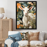 White goat portrait with summer flower - Goat Canvas Wall Art