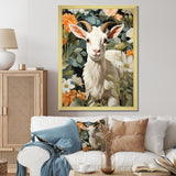White goat portrait with summer flower - Goat Canvas Wall Art