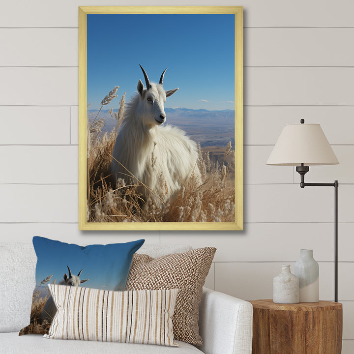 White Solitary Grazing Goat - Goat Wall Art Prints