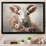 White Billy goat in pink floral Coller - Goat Canvas Wall Art