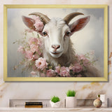 White Billy goat in pink floral Coller - Goat Canvas Wall Art