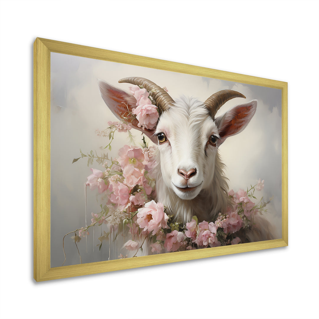 White Billy goat in pink floral Coller - Goat Canvas Wall Art
