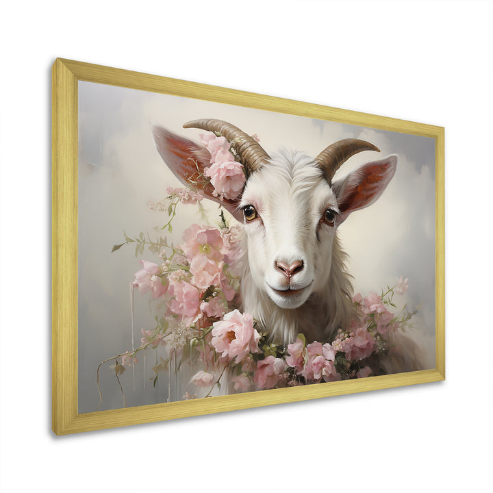 White Billy goat in pink floral Coller - Goat Canvas Wall Art