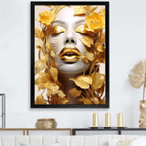 White and gold woman portrait with leaves I - Fashion Canvas Wall Art