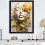 White and gold woman portrait with leaves II - Fashion Canvas Wall Art