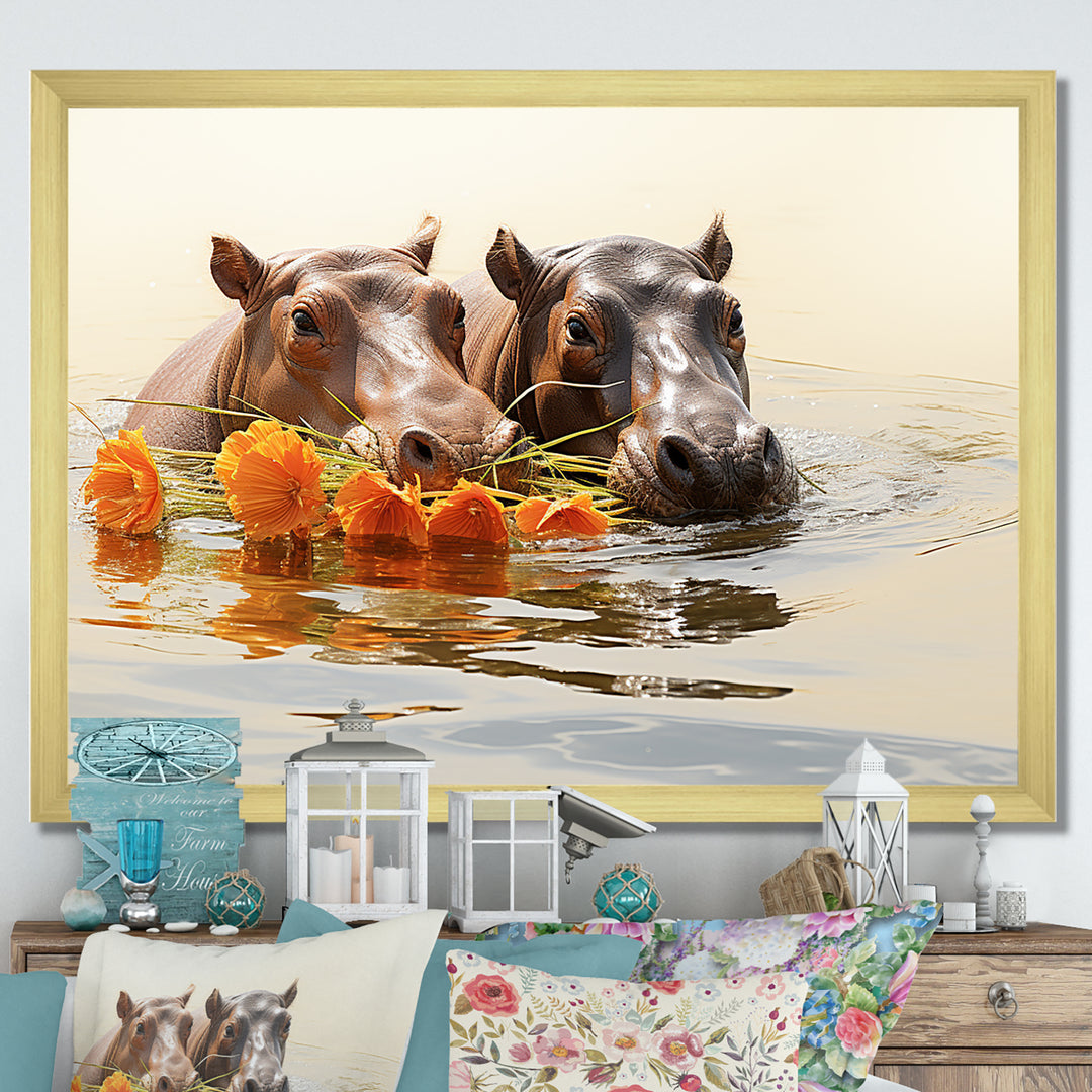 Grey Rivers Romantic Serenade - Hippopotamus Large Canvas Wall Art