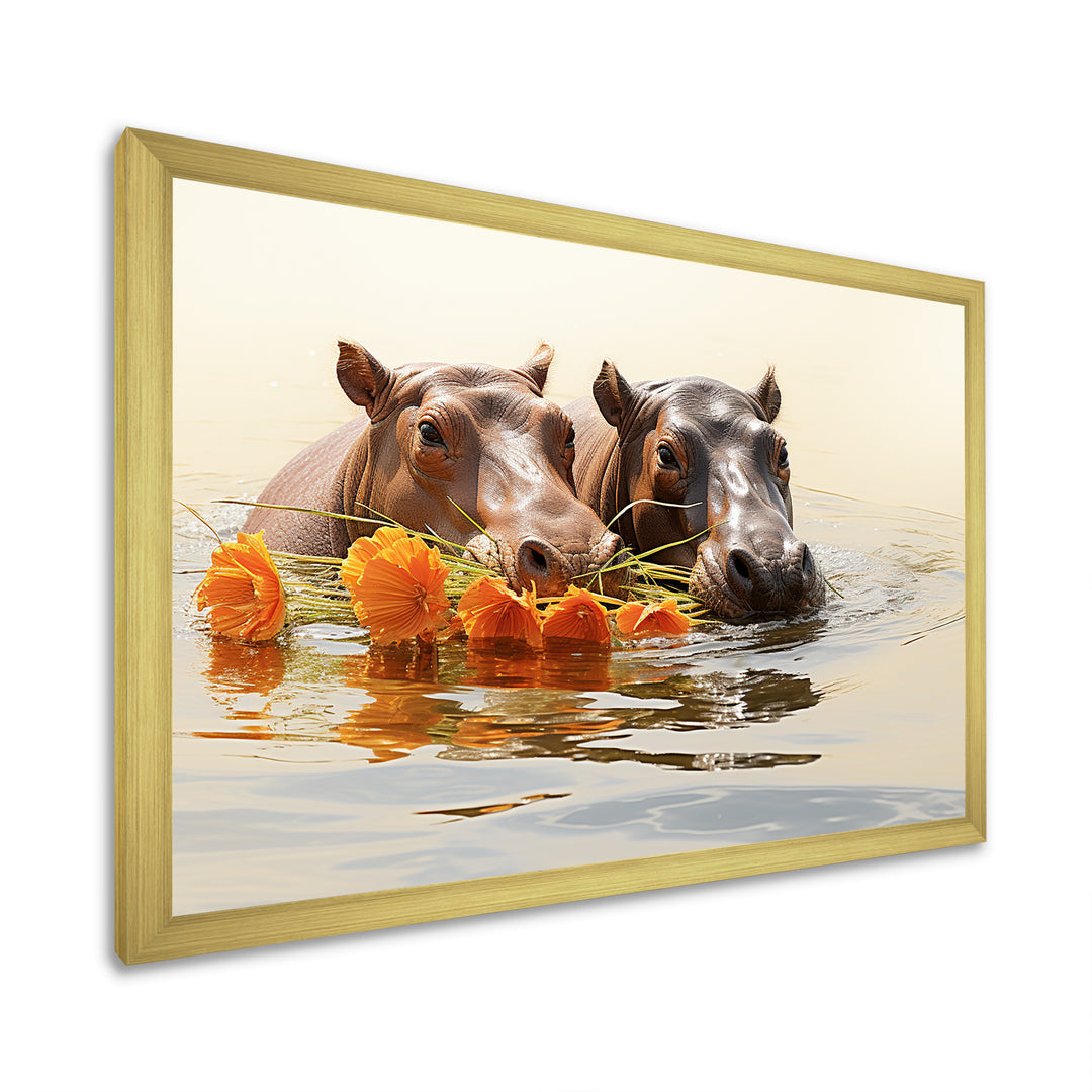 Grey Rivers Romantic Serenade - Hippopotamus Large Canvas Wall Art