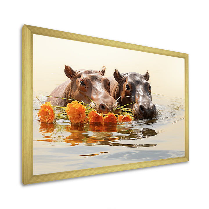 Grey Rivers Romantic Serenade - Hippopotamus Large Canvas Wall Art