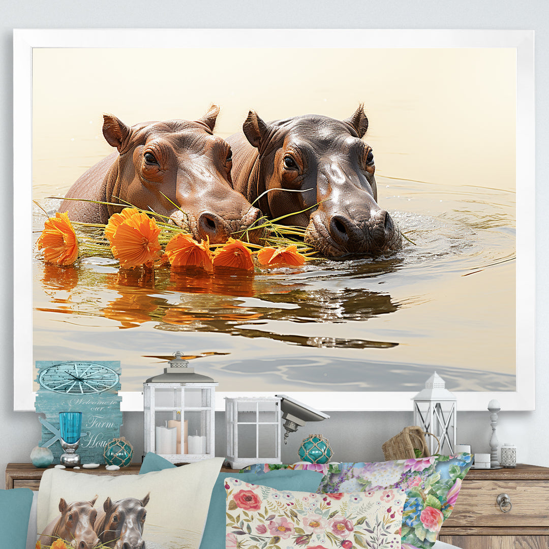 Grey Rivers Romantic Serenade - Hippopotamus Large Canvas Wall Art