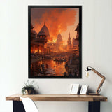 Indian Art Orange Varanasi Ghats - People Canvas Wall Art