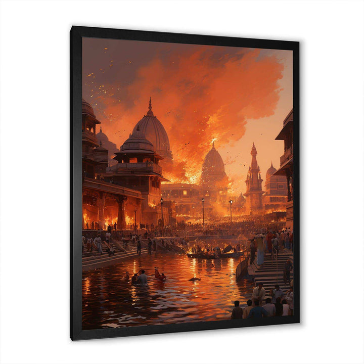 Indian Art Orange Varanasi Ghats - People Canvas Wall Art