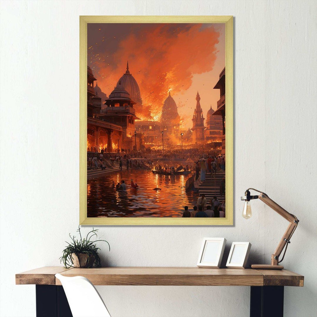 Indian Art Orange Varanasi Ghats - People Canvas Wall Art