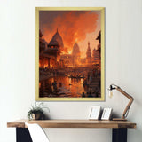 Indian Art Orange Varanasi Ghats - People Canvas Wall Art