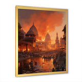 Indian Art Orange Varanasi Ghats - People Canvas Wall Art