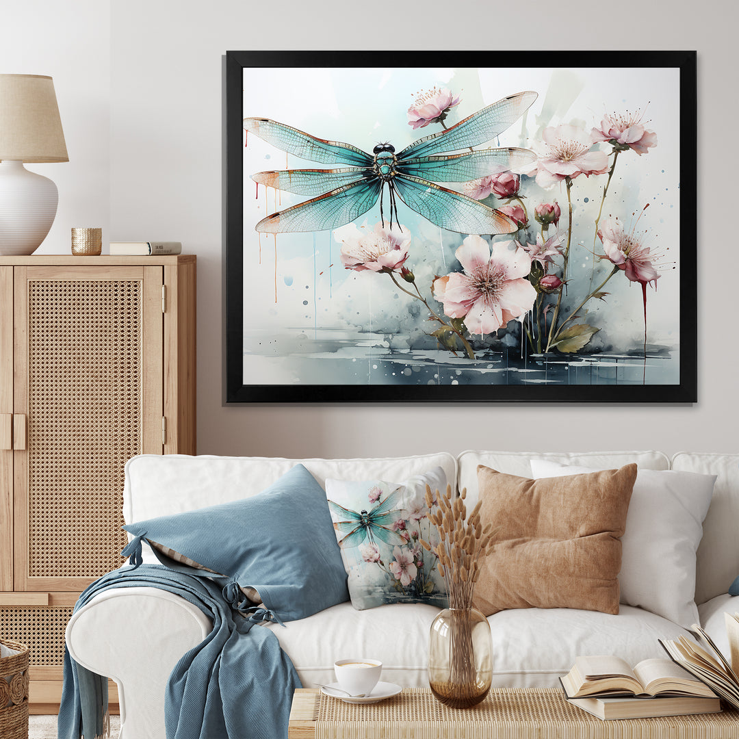 Green and pink flower flying dragonfly by the pond - Insects &amp; Bugs Canvas Wall Art