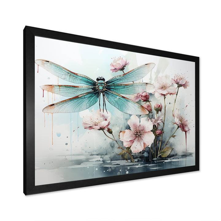 Green and pink flower flying dragonfly by the pond - Insects &amp; Bugs Canvas Wall Art