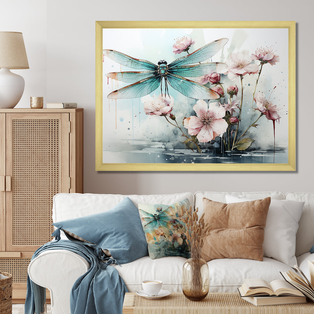 Green and pink flower flying dragonfly by the pond - Insects &amp; Bugs Canvas Wall Art