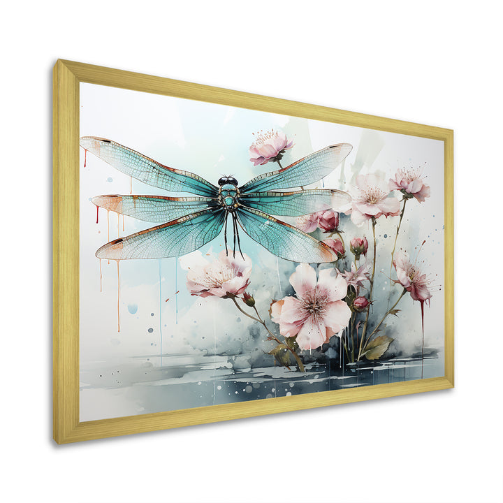 Green and pink flower flying dragonfly by the pond - Insects &amp; Bugs Canvas Wall Art