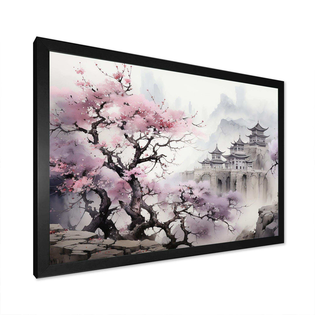 Pink floral Japanese Panorama landscape I - Landscapes Canvas Wall Art