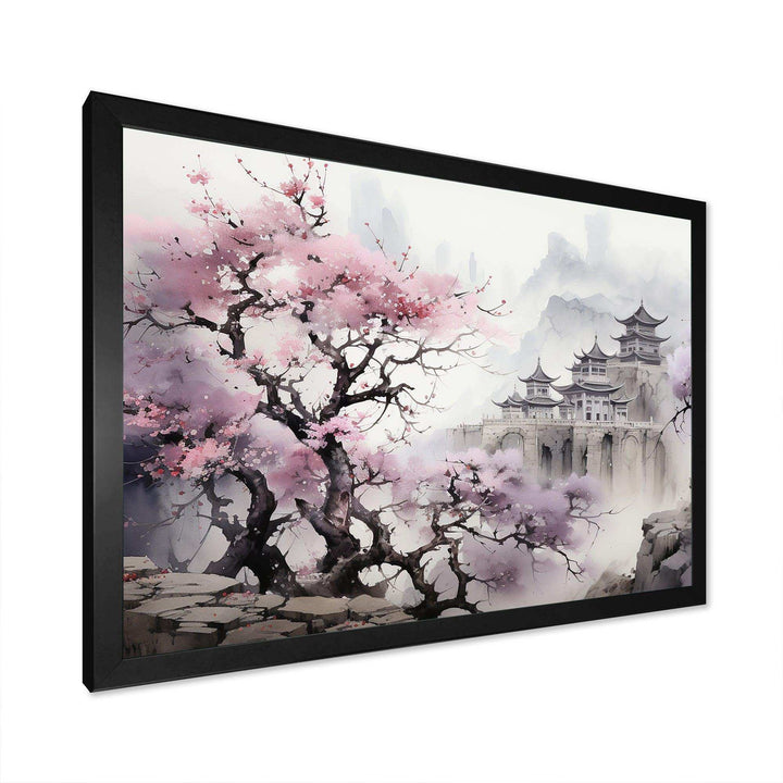 Pink floral Japanese Panorama landscape I - Landscapes Canvas Wall Art