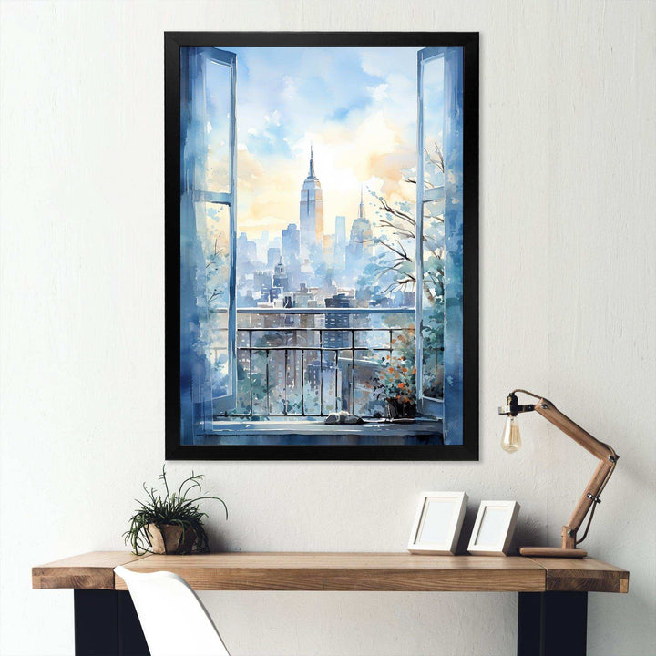 Vintage blue New york window view III - Cityscapes Canvas Wall Art