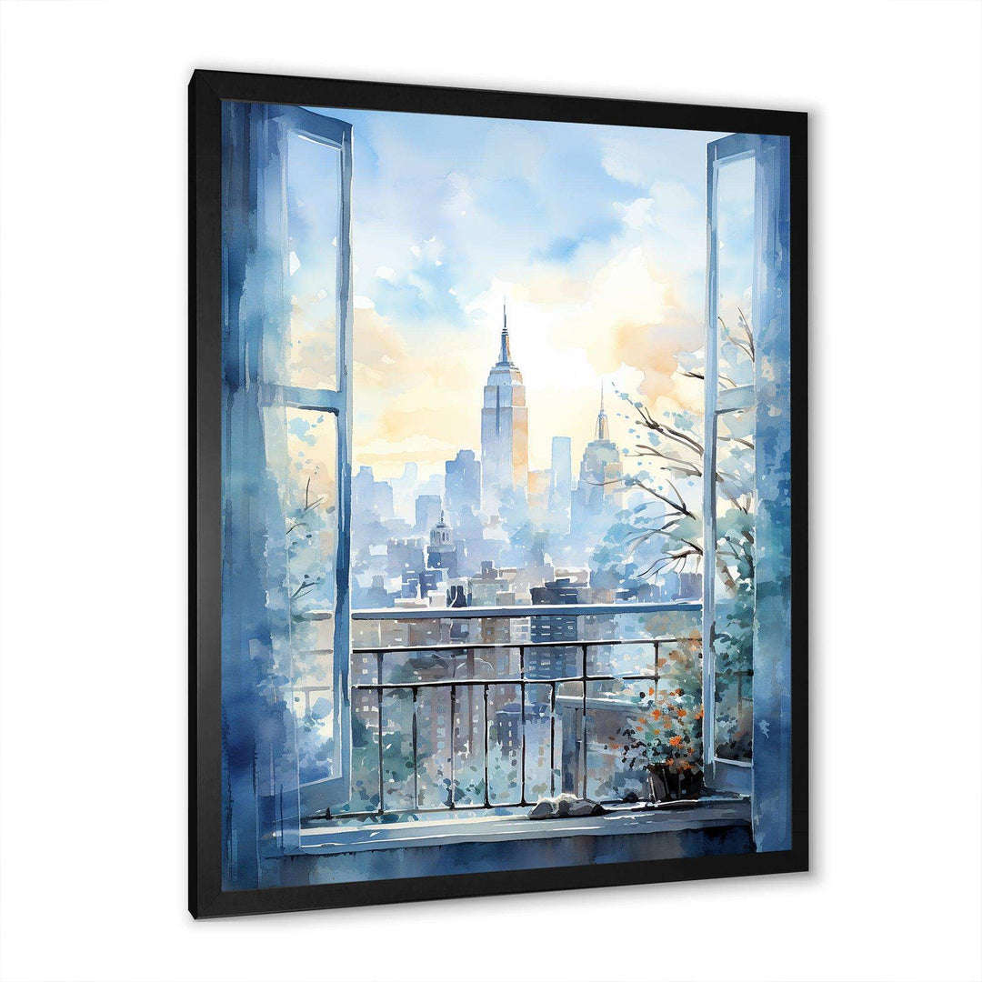 Vintage blue New york window view III - Cityscapes Canvas Wall Art