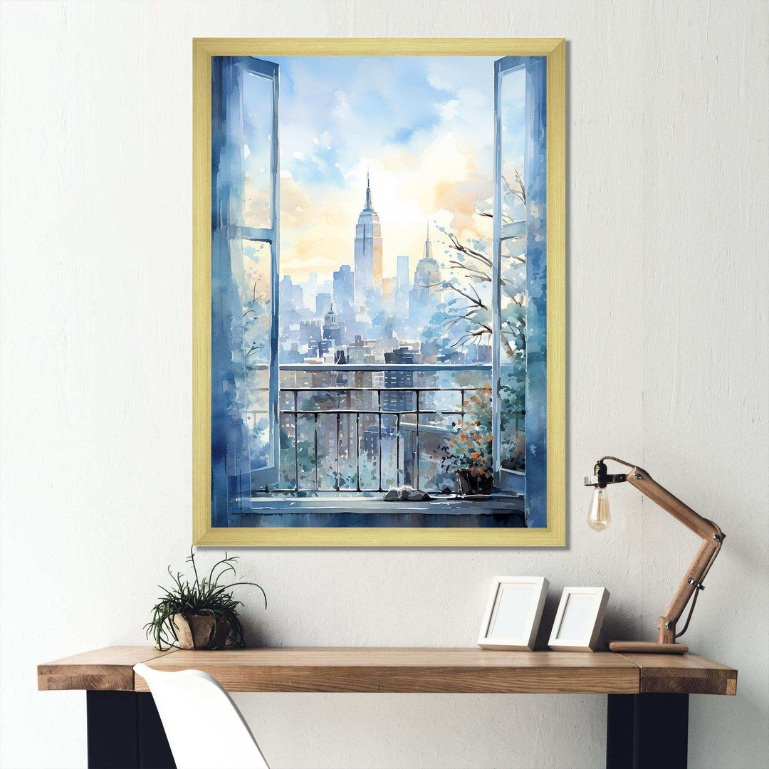 Vintage blue New york window view III - Cityscapes Canvas Wall Art