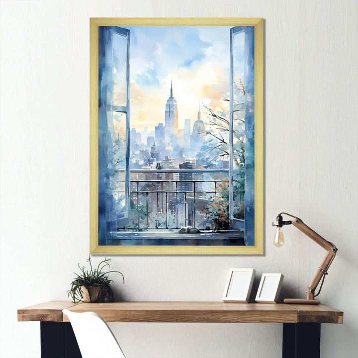 Vintage blue New york window view III - Cityscapes Canvas Wall Art