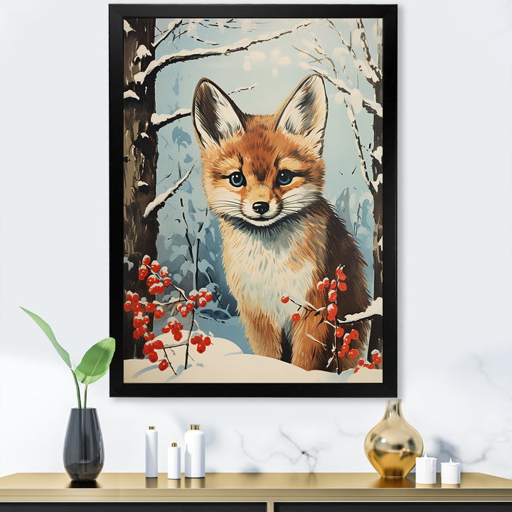 Winter scene cute fox in forest - Fox Framed Canvas Art