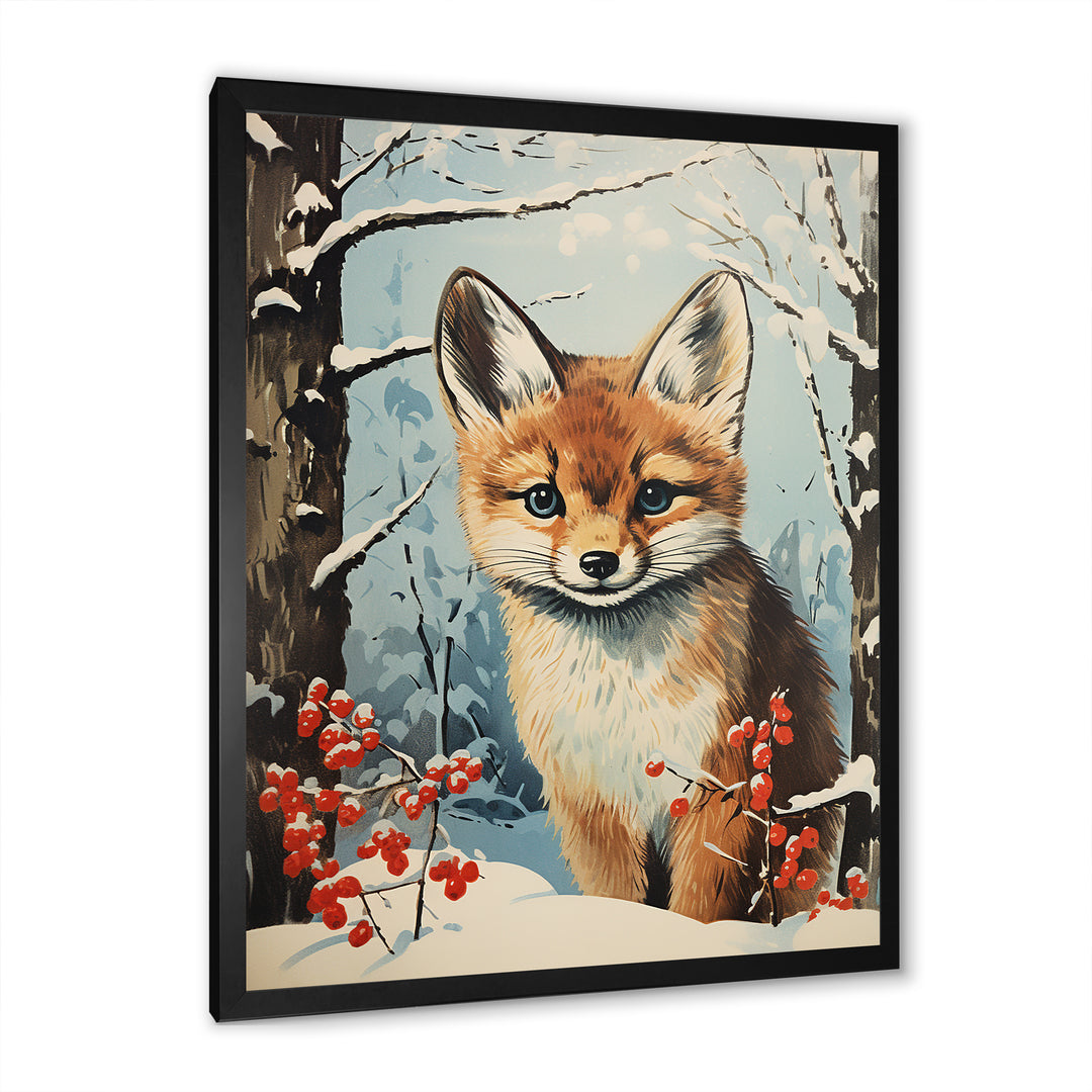Winter scene cute fox in forest - Fox Framed Canvas Art