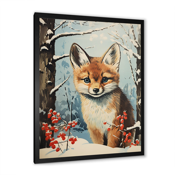Winter scene cute fox in forest - Fox Framed Canvas Art