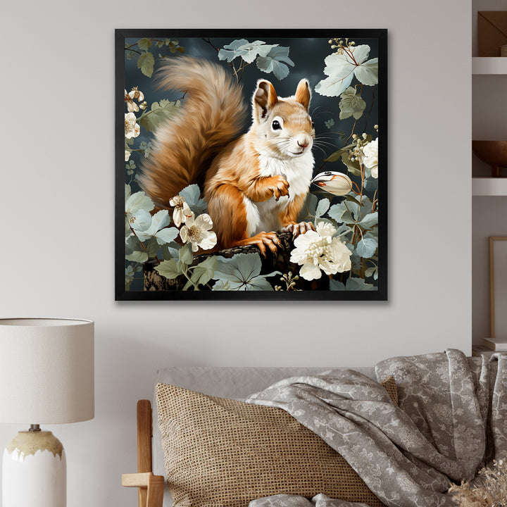Brown and green Forest squirrel blooms - Squirrel Wall Art Prints
