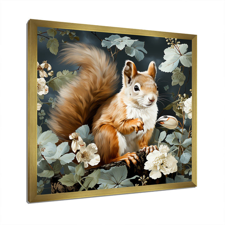 Brown and green Forest squirrel blooms - Squirrel Wall Art Prints